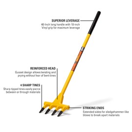 Honey Badger Demolition Fork, 40-inch 4-tine Wrecking Pry Bar, Multipurpose Tool for Flooring, Siding, Trim, Drywall, Roofing, and Decking