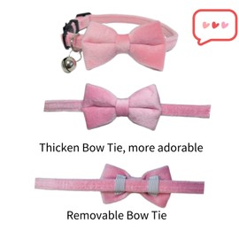 Cat Collar with Bells, Bow Tie Removable, Breakaway Safety Buckle, Soft Velvet Cute, Adjustable for Girl Boy Kitty Kitten Small Pets, 7"-11", Pink
