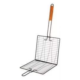 Grill Rejilla Canasta Para Asar Pescados 3 Pescados Color Negro Mango De Madera