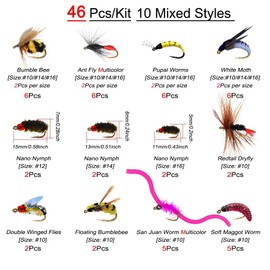 Qievcrme 24/30/46/54/127-Pieces Fly Fishing Files Kit #8-#16 Handmade Dry Wet Nymphs Streamers Fly Fishing Lures for Trout Salmon with Fly Box (46Pcs/Box(10 Mixed Styles))