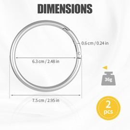 Pack of 2 round carabiners, silver, outer diameter 75 mm, zinc alloy, electroplated, for key rings, bags, crafts, suitable for camping, hiking, fishing, travel