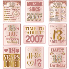 Turypaty 18th Birthday Decorations for Girls, 9Pcs Pink Rose Gold 2007 Birthday Banner Signs for Walls Doors Windows Yard Garden Party Supplies, Happy 18 Years Old Bday Table Toppers Photo Props Decor