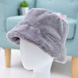 LLZ.COQUE Womens Stylish Bucket Hat Soft Faux Fur Fluffy Thicken Wide Brim Lovely Winter Warm Hat for Girls - Grey