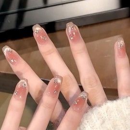 Pure Handmade Nails Press on Nail Reusable Fake Nails Red Silver CatEye Rhinestones Bling Bling Nude Medium Stick on Nails French Tip False Nails 10pcs (S, Q179)