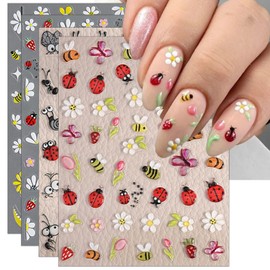 IDDFEVE Embossed Ladybug Nail Art Stickers - 5D Bees, Ants and Snail Insect Nail Decals for DIY Spring Summer Flower Manicure (4 Sheets)