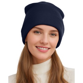 Womens Satin Lined Beanie Wool Knit Cuffed Warm Winter Hats for Women Men Soft Slouchy Silk Lining Beanies Skull Cap Navy Blue