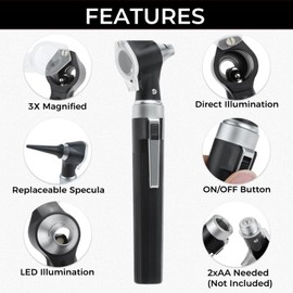 Pocket Otoscope Kit, 3X Magnification Ear Scope with Light, 4 Speculum Tips Size, Ear Care Tool Fit for Nurse, Children, Adults, Pets (Black)