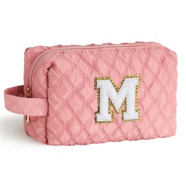 YOOLIFE Best Friend Birthday Gifts - Wedding Bridesmaid Gifts Pink Cotton Cute Makeup Bag Teen Girl Gifts Trendy Stuff Travel Cosmetic Bags for Women Girls Daughter Wife Gifts for Women Her Letter M