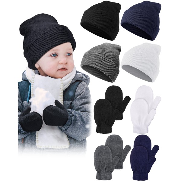 4 Sets Toddler Boys Hat and Glove Kids Winter Beanies with Gloves Warm Knitted Baby Beanie Hats Set Cuffed Skull Cap for Boys Girls