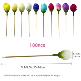 ZANTIAO 100pcs Multicolor Flower Bud Toothpicks, 4.7 Inch Fancy Sticks for Appetizers, Handmade Bamboo Appetizer Fruit Skewers Food Picks for Wedding Valentines Holiday Party Decoration (Flower Bud)