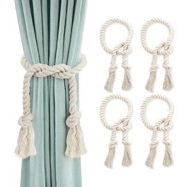GlasFlength Curtain Tiebacks, Boho Tiebacks for Curtains, Hand Knitted Curtain Tape, Cotton Rope, Curtain Rope Buckle, Curtain Holder for Bedroom, Office, Living Room (4, Woven Beige)