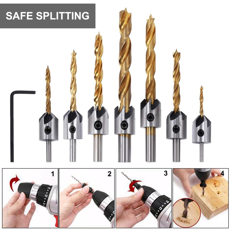 Drill Countersink, 7-Piece Wood Drill Bit with Countersink Drill Wood