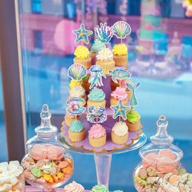 Cyodoos 24 Pcs Mermaid Cupcake Toppers - Ocean Mermaid Theme Decorations Picks for Kids Under the Sea Baby Shower Birthday Party Supplies