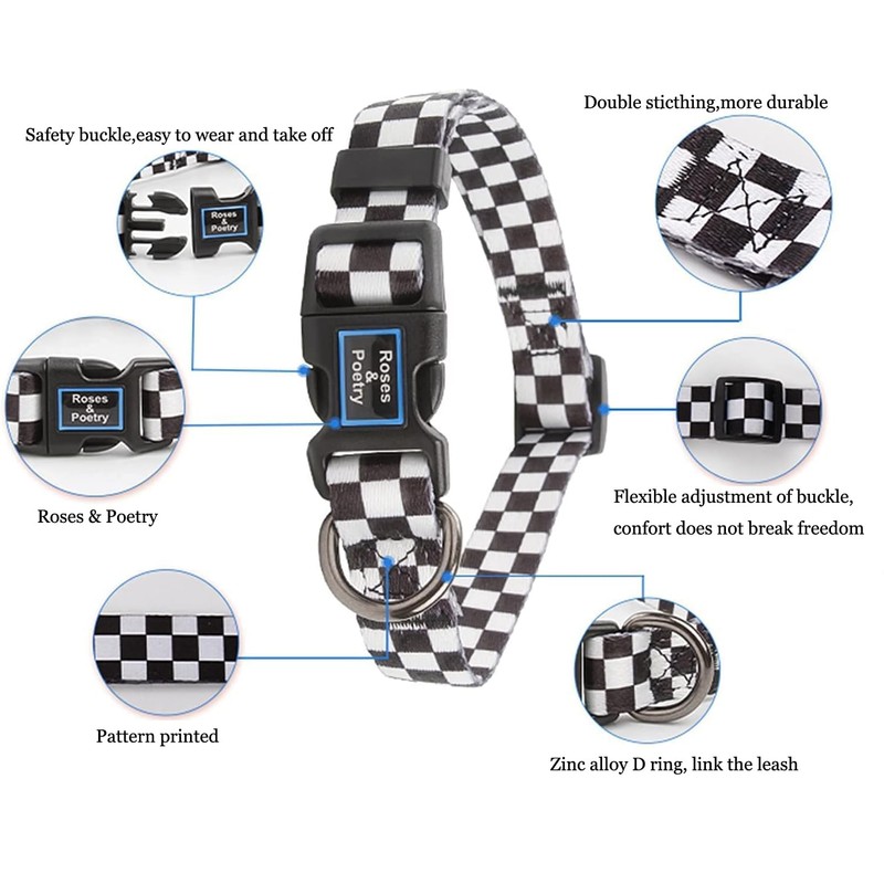 Roses&Poetry Dog Collar with Colourful Checkered Patterns, Adjustable Durable Puppy