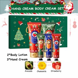 Christmas Hand Cream and Body Lotion Gift Set - 2x100ml Body Lotions& 3x30ml Hand Creams for Dry Cracked Hands, Winter Moisturizing Skincare Set, Travel Size Christmas Stocking Stuffers for Women Men