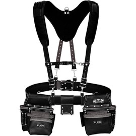 FUERI Leather Tool Belt With Suspenders Heavy Duty Bags Tool Pouches For Men Carpenters Construction Electricians Framers Womenn Workers