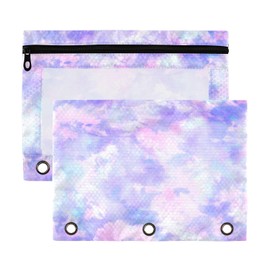 KJIZMO Purple Tie-dye Print Pencil Pouch for 3 Ring Binder，Zippered Pencil Case with Clear Window Organizers Bag 2 Packs