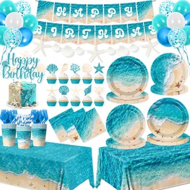 Beach Birthday Party Decorations, 183Pcs Ocean Waves Birthday Party Decorations Summer Pool Hawaiian Beach Party Supplies Plates,Napkins,Cups,Banner,Tablecloth,Balloons,Cupcake Topper,Serves 24
