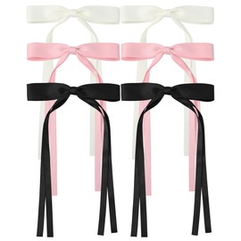 Silky Satin Big Bow Hair Barrette for Women Girls Ribbon Big Hair Bow Clips Bowknot Hair Clips with Long Tail Hair Barrettes with Bow (Pink*2/Beige*2/Black*2(Long tail))