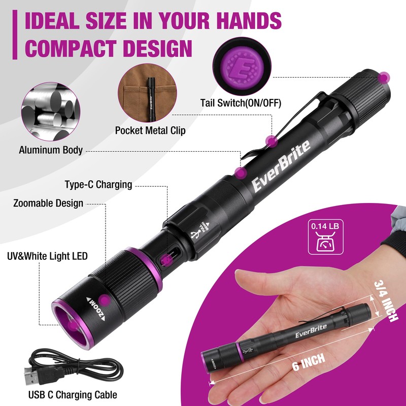 EverBrite Rechargeable Pen Flashlight with UV Light and White Light,