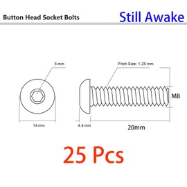 25 Pcs M8-1.25 x 20mm Button Head Socket Cap Screws, 10.9 Grade Alloy Steel, Allen Socket Drive, Black Oxide Finish, Full Thread (10.9 Grade,M8-1.25 x 20mm,25 Pcs)