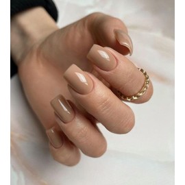 Morily Fall Press on Nails Short Square, Light Brown Fake Nails with Solid Color Designs Acrylic False Nails Autumn Artificial Nails Reusable Glossy Full Cover Stick on Nails for Women 24Pcs