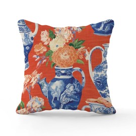 BRUYU5SE Throw Pillow Covers Chinoiserie Monkey Decor Ginger Jar Red Pillowcase Farmhouse Coral Peony Porcelain Pillow Cover Accent Throw Pillow Covers Farmhouse Decorative for Patio Couch 18x18 in