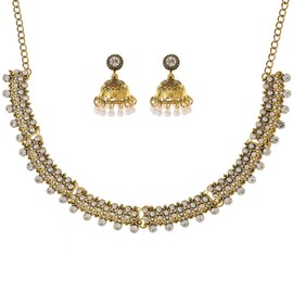 BOINDOON Indian Jewelry Sets for Women Jhumka Necklace Oxidized Choker Chain Earrings Silver Kundan Jewelry Sets, INJ-001-white, Silver, No Gemstone