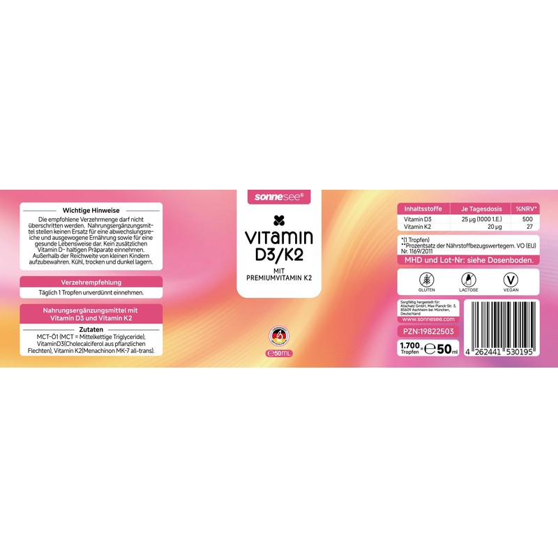 sonnesee Vitamin D3/K2 Tropfen – 25 µg D3 & 20