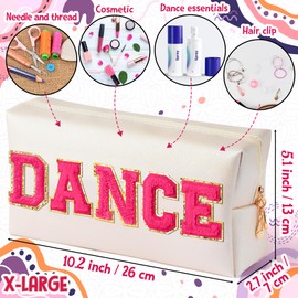 Y1tvei DANCE Large Cosmetic Bag - Preppy Patch DANCE Hot Pink Chenille Letter Makeup Bag PU Leather Waterproof Portable Dance Toiletry Pouch Travel Organizer Dancer Gift for Women Girl (Shell Gold)