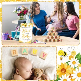 Tenceur 104 Pcs Baby Shower Decorate a Block Game Baby Shower Games 54 DIY Blank Wooden Block 48 Watercolor Markers with Acrylic Box Set for Baby Games Wedding Guests Party Supplies(Bee)