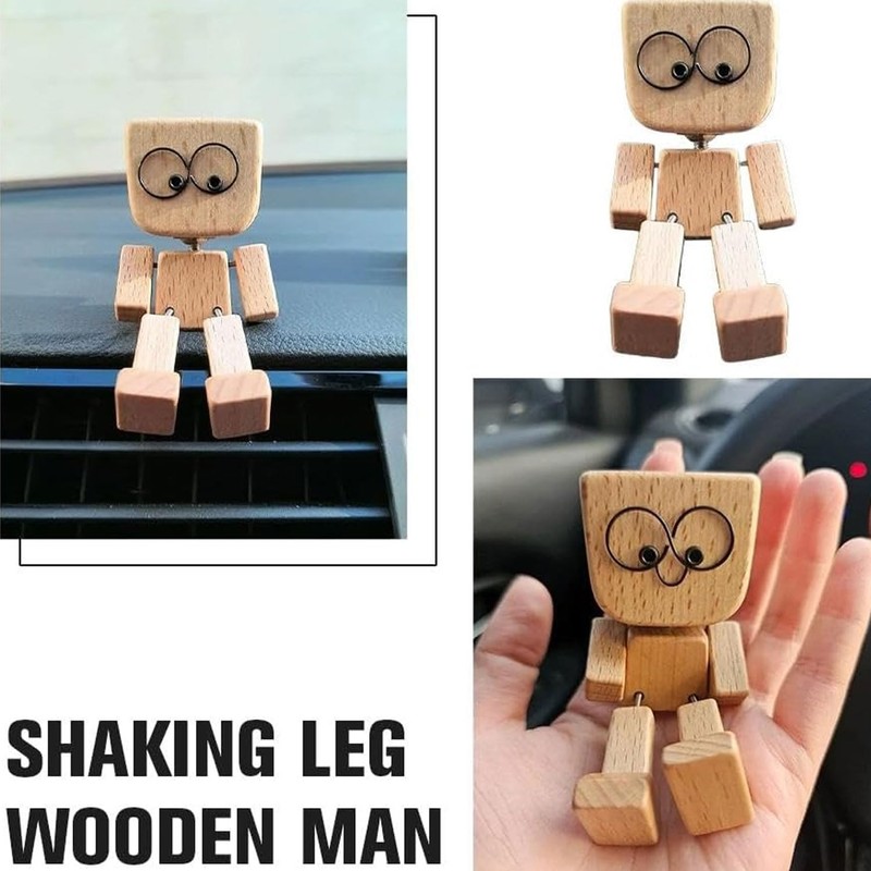 Shaking Wooden Man Figurine, Handmade Feet Shaking Wooden Car Ornament