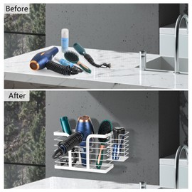 YUET Hair Dryer Holder Station/Wall Mounted, Hairdryer Stainless Steel Hair Tools Organiser, Hair Accessories Organiser Storage for Hair Brushes, Straightener, Flat Iron, Curling Wand (White)