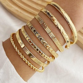 7Pcs Boho Gold Bracelets for Women Vintage Gold Cuff Bangles Bracelets Layered Stackable Bracelets Link Chain Beaded Bracelets Adjustable Rhinestone Bracelets Dainty Jewelry Gifts (Gold1)
