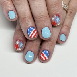 TBRZTR Independence Day Light Blue Press on Nails Short Square Stars Flag Pattern Design Full Cover Glossy Acrylic Fake Nail 4th July Press Ons Glue on Nails for Women Holiday Manicure 24Pcs