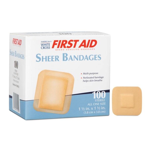 American White Cross Sheer Patch Adhesive Bandage, 1½" x 1½", 100 per Box
