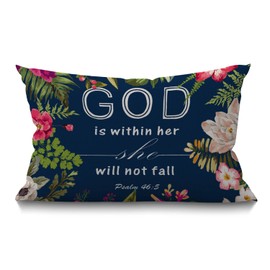 Flowers Cushion Cover Christian Quotes Farmhouse Oblong Rectangle Throw Pillow Case,Bible Verses God is Within Her She Will Not Fall Psalm 46:10 Cotton Linen Pillow Cover for Men Women 12x20 inch