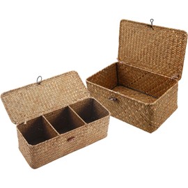 TOOSOAR® Pack of 2 Natural Woven Braided Rectangular Rattan Basket, Storage Basket with Lid, Braided Storage Basket for Organising Snack Toys
