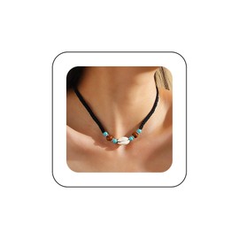 Inilbran Boho Shell Choker Necklace Vintage Turquoise Beaded Necklace Cowrie Black Woven Rope Necklace Adjustable Braided Clavicle Necklace Chain Jewelry for Women