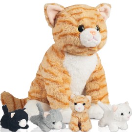 Youthfuljive 5 Pcs Cat Stuffed Animal Plush,Cat Plush Mommy Toy with 4 Baby Kittens in Zipper Pouch,Cute Stuffed Cat for Kids Boys Girls Birthday Gifts