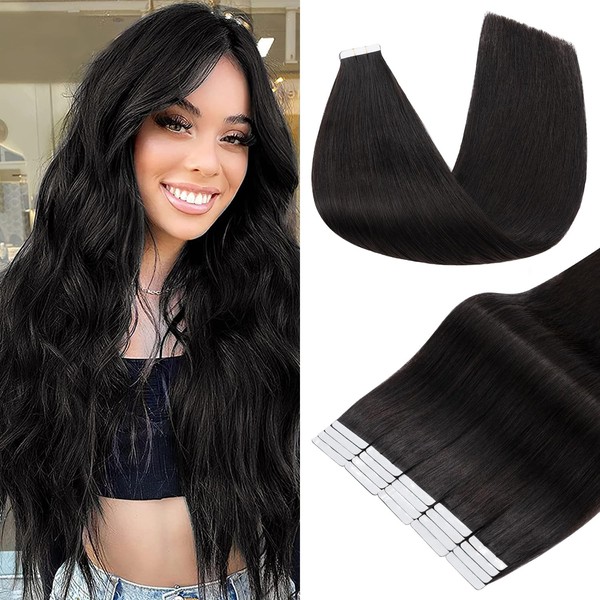 Hairro Tape in Hair Extensions Human Hair, 20 inch #1B Natural Black 50g Tape in Human Hair Extension Real Remy Hair Invisible Seamless Skin Weft for Women 20pcs Straight Tape Hair (20 inch, 1B, 50g)