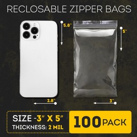Amiff Zip Lock Bags 3x5 Pack of 100 Storage Bags with Zipper. Self Lock Plastic Bags 3 x 5. Clear Poly Bags 2 Mil Thick. Reusable Polybags.