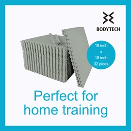 BODYTECH Puzzle Exercise Mat Interlocking Foam and Tile Mats for Home Gym. Floor Padding for Small Child. Gray Color 18 x 18 x ½ Thick 32 Sheet 81 SQFT,Grey