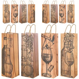 Rmannke Wine Gift Bags for Wine Bottles, 12 Pack Paper Wine Bags Set with Wood Grain, Wine Gift Bags Bulk for Holiday, Wedding, Birthday Party Favors