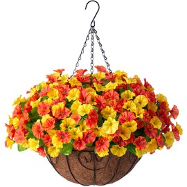 Ammyoo Artificial Hanging Flowers with Basket, Faux Silk Petunias Flower Arrangement, Coconut Lining with Morning Glories Fake Plants Patio Garden Porch Deck Fall Decor(Orange Yellow)