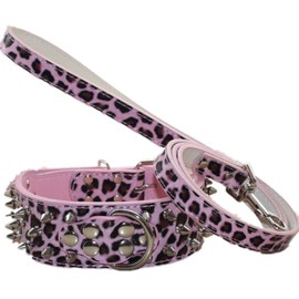 haoyueer Spiked Studded Leather Dog Collar & Leash 2Pcs Matching Set Fit for Medium & Large Dogs Pitbull Husky Mastiff Terrier 3 Rows Bullet Rivets Studded Leather(Pink Leopard,XL)