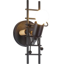 Alpinaluz Decorative Wall Lamp for Children, E27, Original Design with Climbing Doll and Stairs in Black Metal and Wood, Fun and Modern Style for Bedroom, Hallway or Living Room