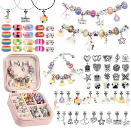 AMLEBE Kit para hacer pulseras con dijes para niñas, 66 piezas de joyería con caja de regalo y bolsa, kit de joyería de regalo para niñas adolescentes, manualidades para niñas de 8 12 años