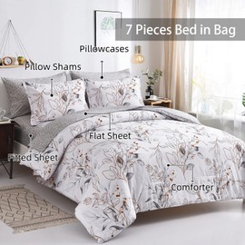 Grey 7 Pieces Grey Floral Comforter Set King, Botanical Bed in a Bag Reversible Golden Leaves Bedding Set Soft Microfiber King (1 Comforter,2 Pillowcase,2 Pillow Shames,1 Flat Sheet,1 Fitted Sheet)