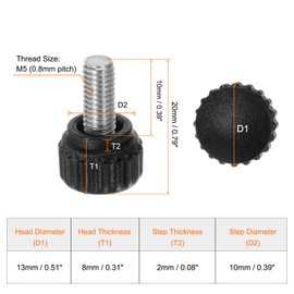 sourcing map 20pcs Knurled Clamping Knobs Thumb Screws M5 x 10mm Metric Male Thread 13mm Matte Plastic Head 304 Stainless Steel Stud Hand Threaded Knob Thumbscrew Handle, Black